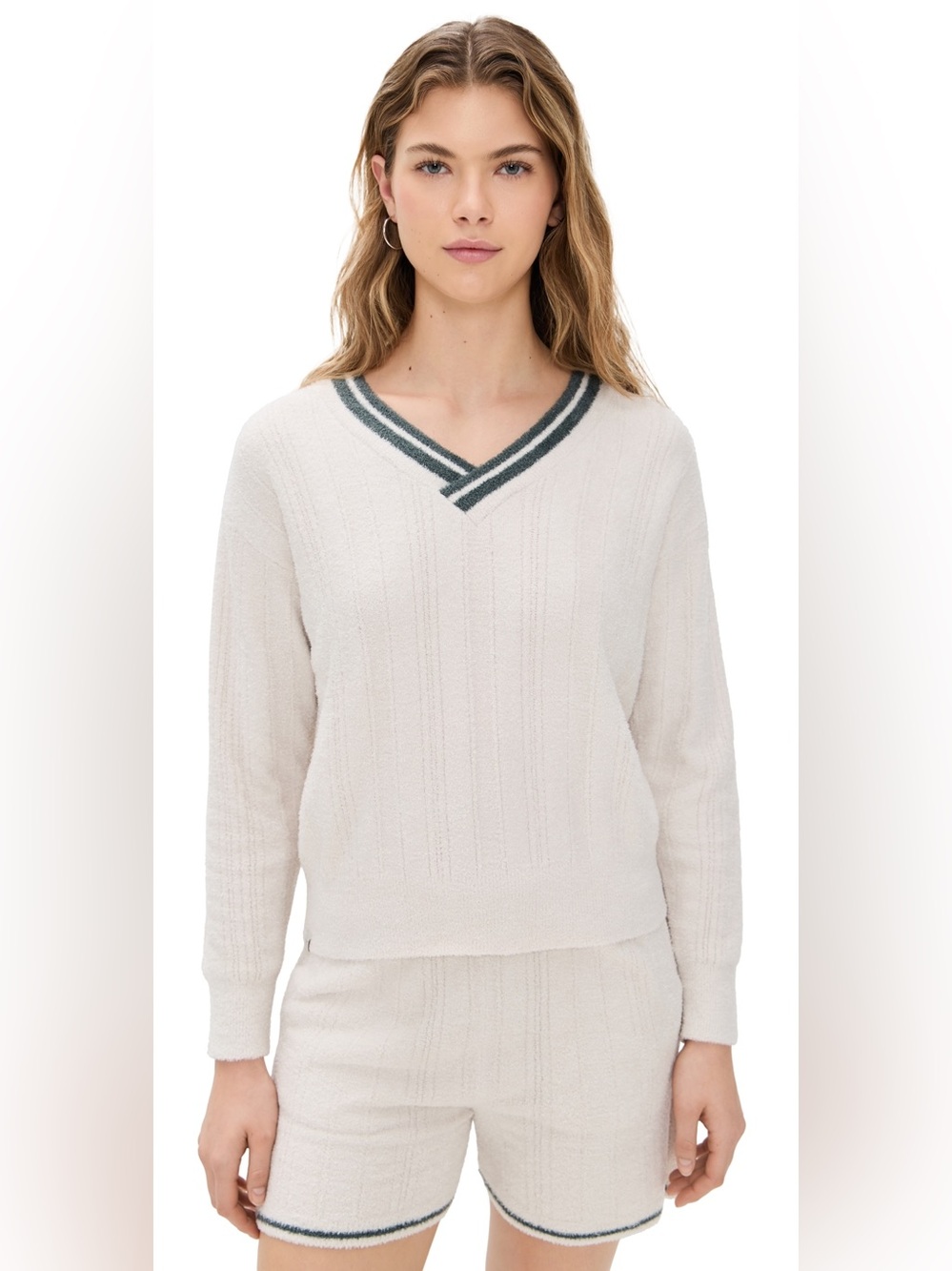 🆕 Barefoot Dreams V-Neck Pointelle Pullover Sweater -Sand Dune NWT SZ SM